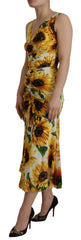 Women's White Sunflower Print Sheath Midi Silk Clothing