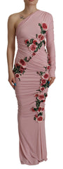 Women's Pink Flower Embellished One Shoulder Dress Rayon Elastane