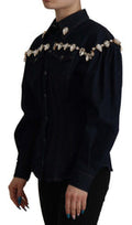 Women's Blue Denim Crystal Embellish Cotton Jacket Clothing