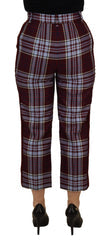 Women's Plaid Wool Trousers Burgundy Cotton Elastane