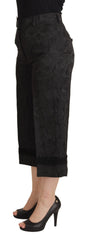 Women's Black Brocade Cropped High Waist Pants Acetate