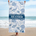 Toalla de playa personalizada con nombre Toile de Jouy Ocean Art Quick Dry Oversize Beach Towel Summer Vacation Beach Party Essentials Birthday Gift for Friend Family