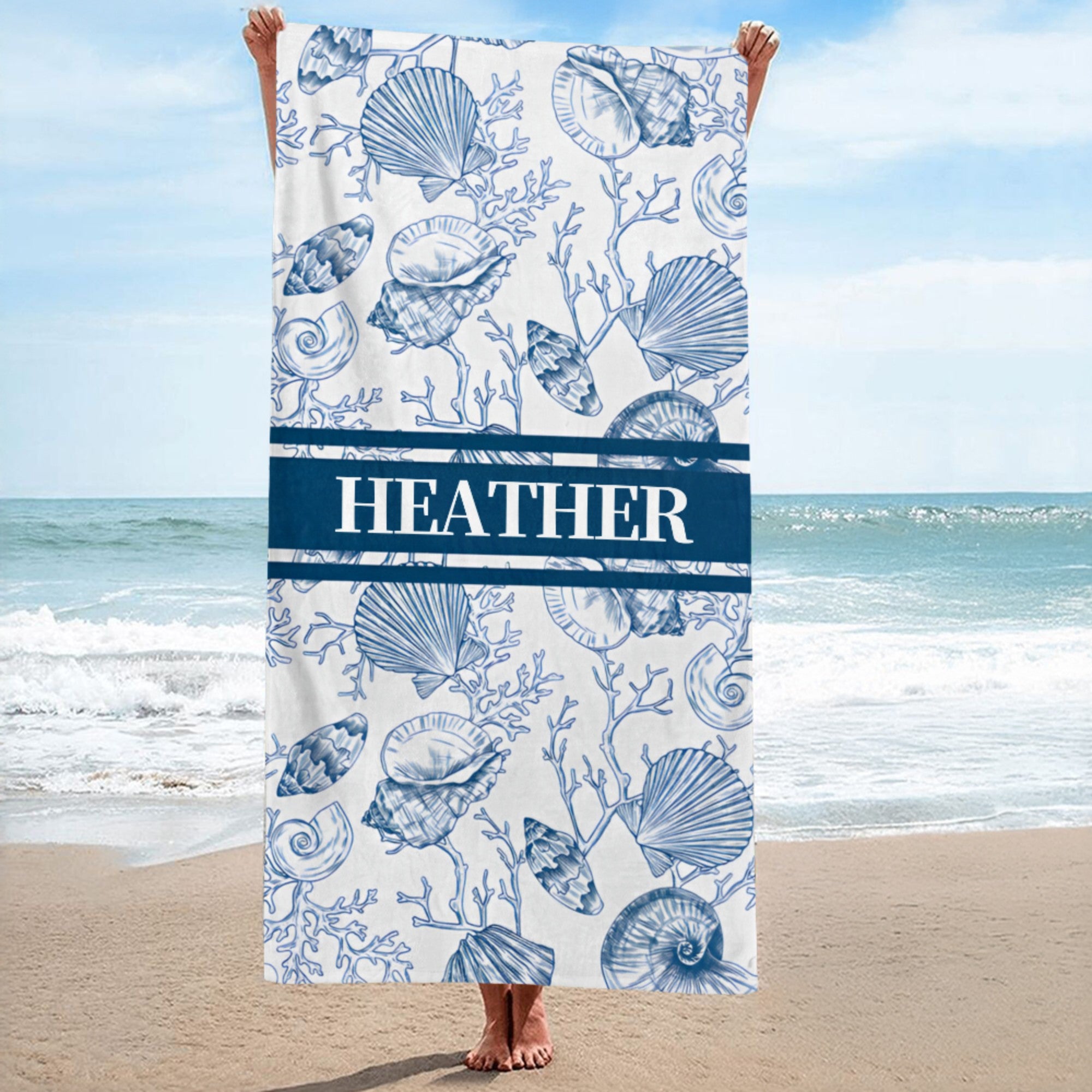 Toalla de playa personalizada con nombre Toile de Jouy Ocean Art Quick Dry Oversize Beach Towel Summer Vacation Beach Party Essentials Birthday Gift for Friend Family