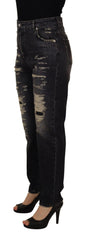Women's Black Washed Tattered High Waist Denim Jeans Cotton Clothing