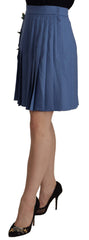 Women's Blue Embellished Pleated Mini Skirt Wool Virgin