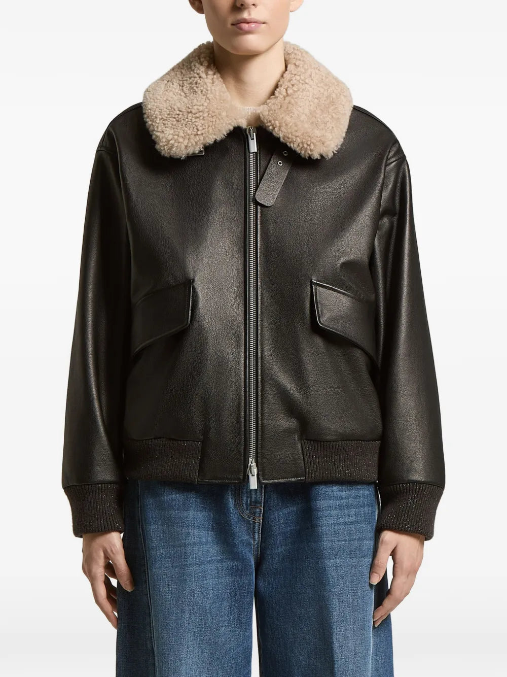 Peserico Shearling-Collar Leather Bomber Jacket — Black