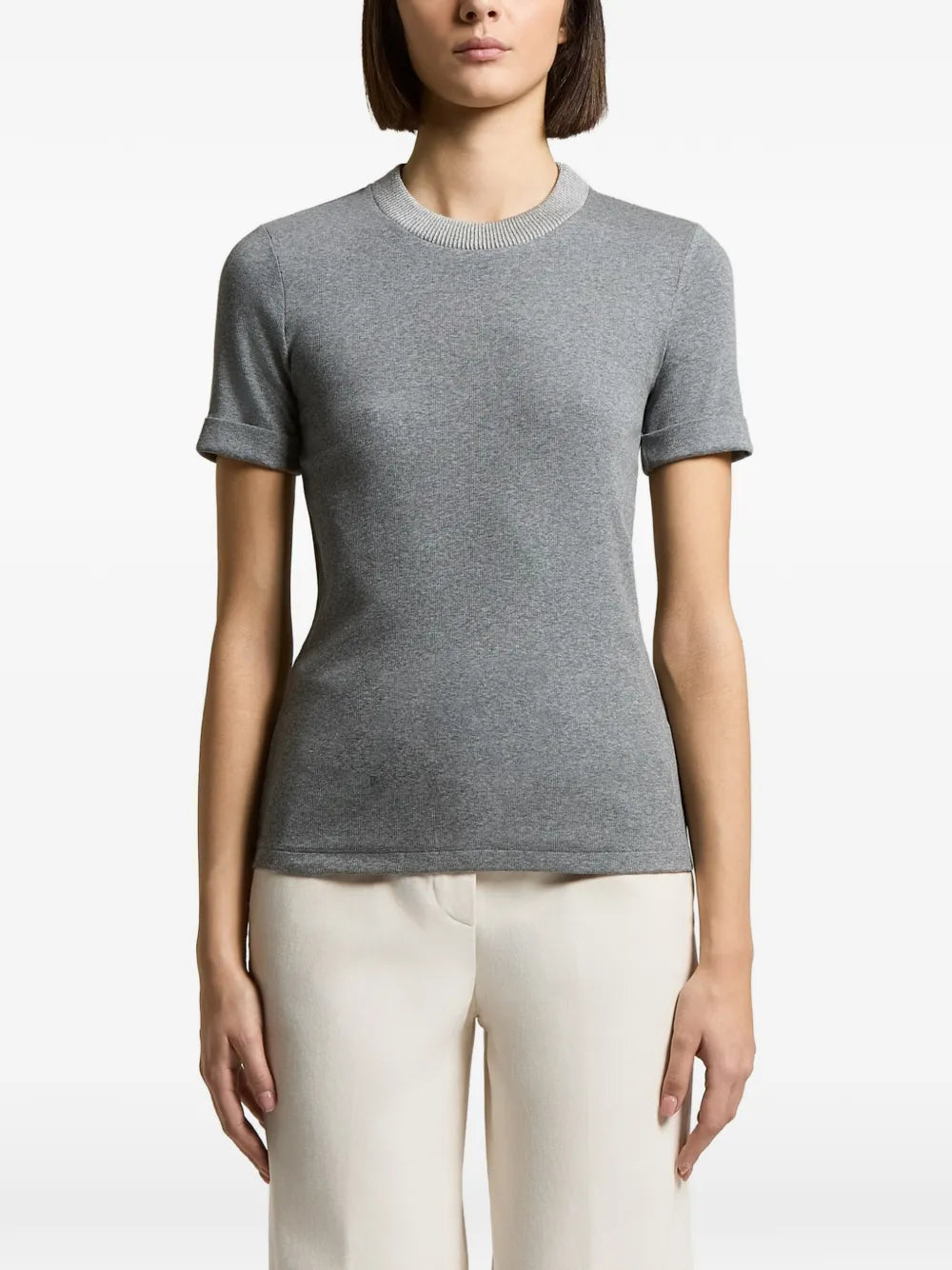 Peserico Ribbed-Knit Short-Sleeve Sweater — Gray