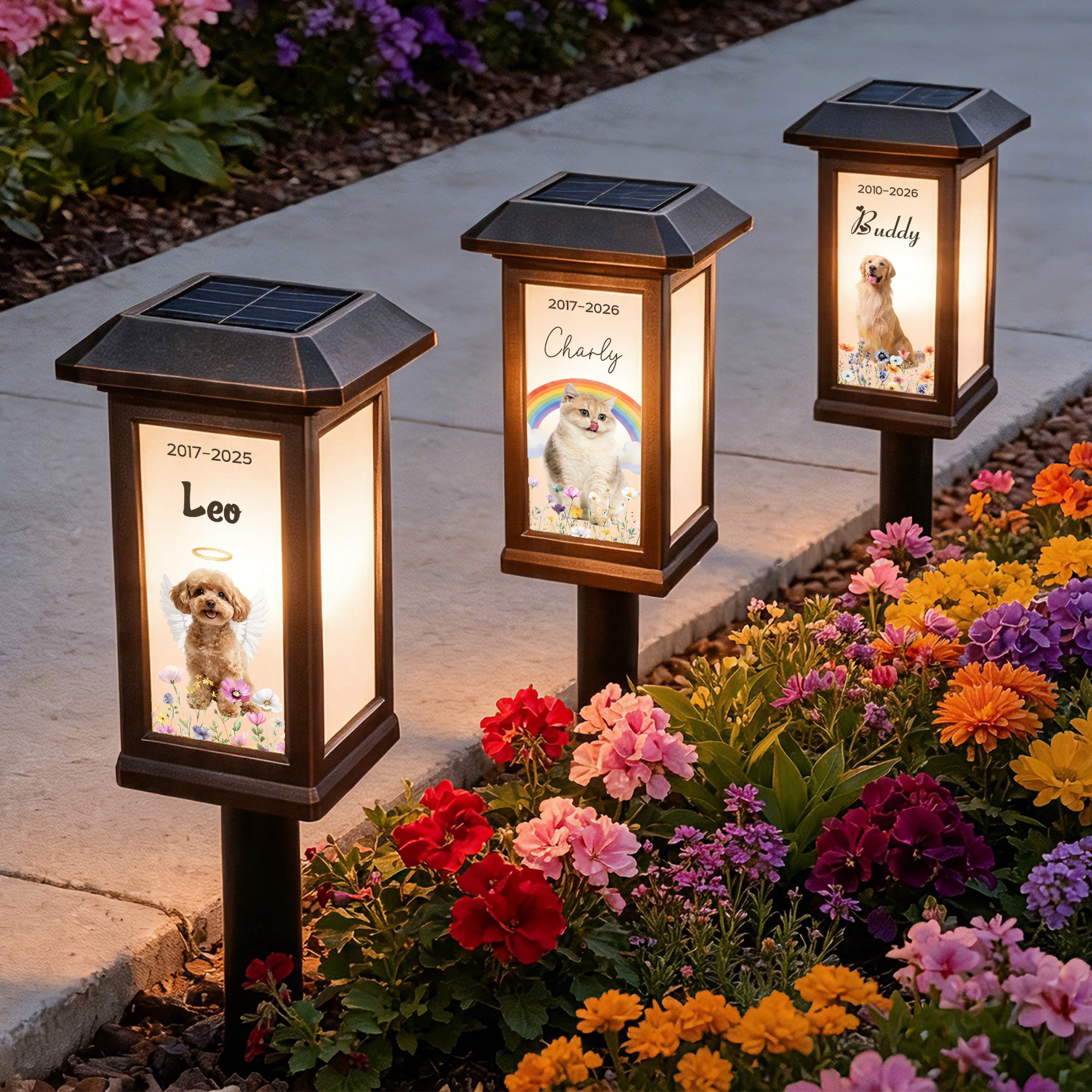 Personalizada Pet Foto Flor Arco Iris Ángel Wing Solar Garden Light con Nombre y Fecha Garden Decor Memorial Sympathy Gift for Family Pet Owner