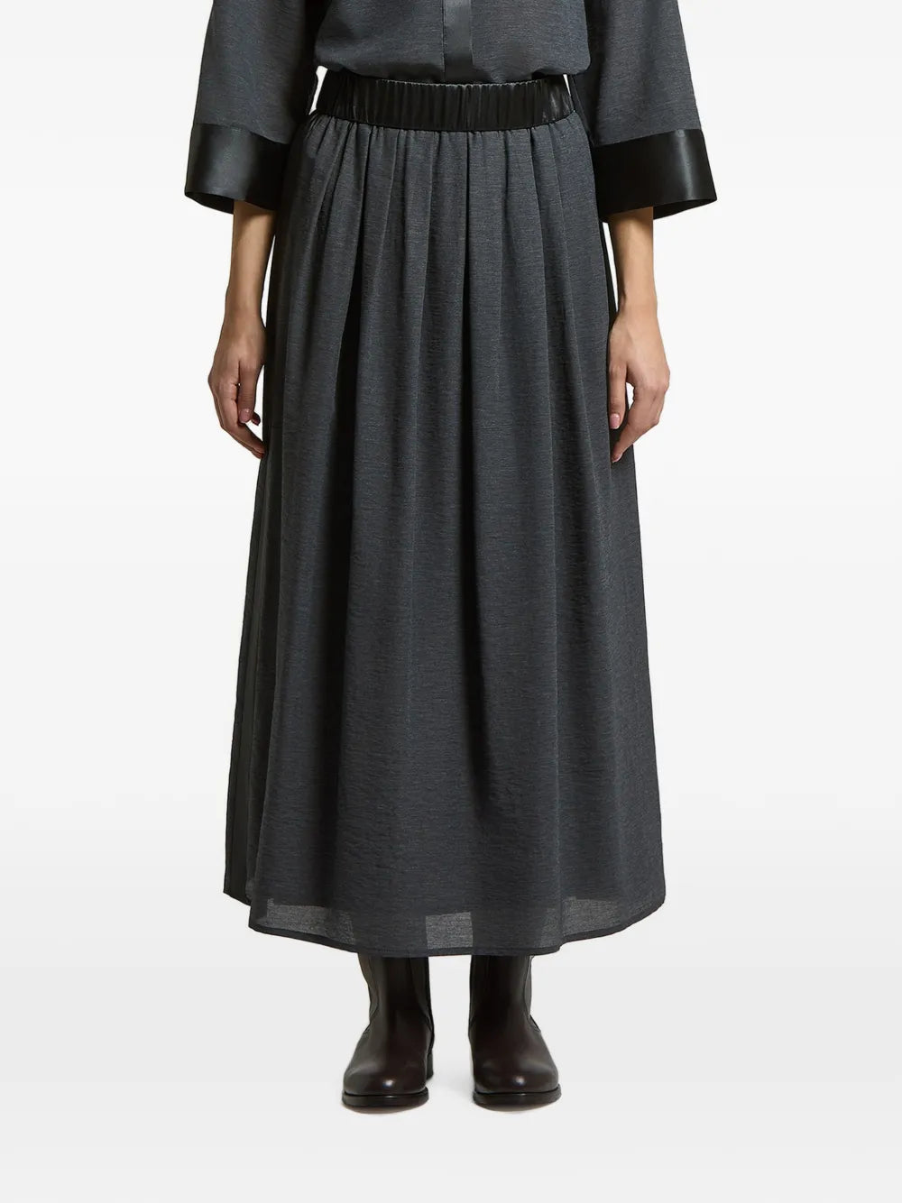 Peserico Pleated Satin-Trim Skirt — Gray