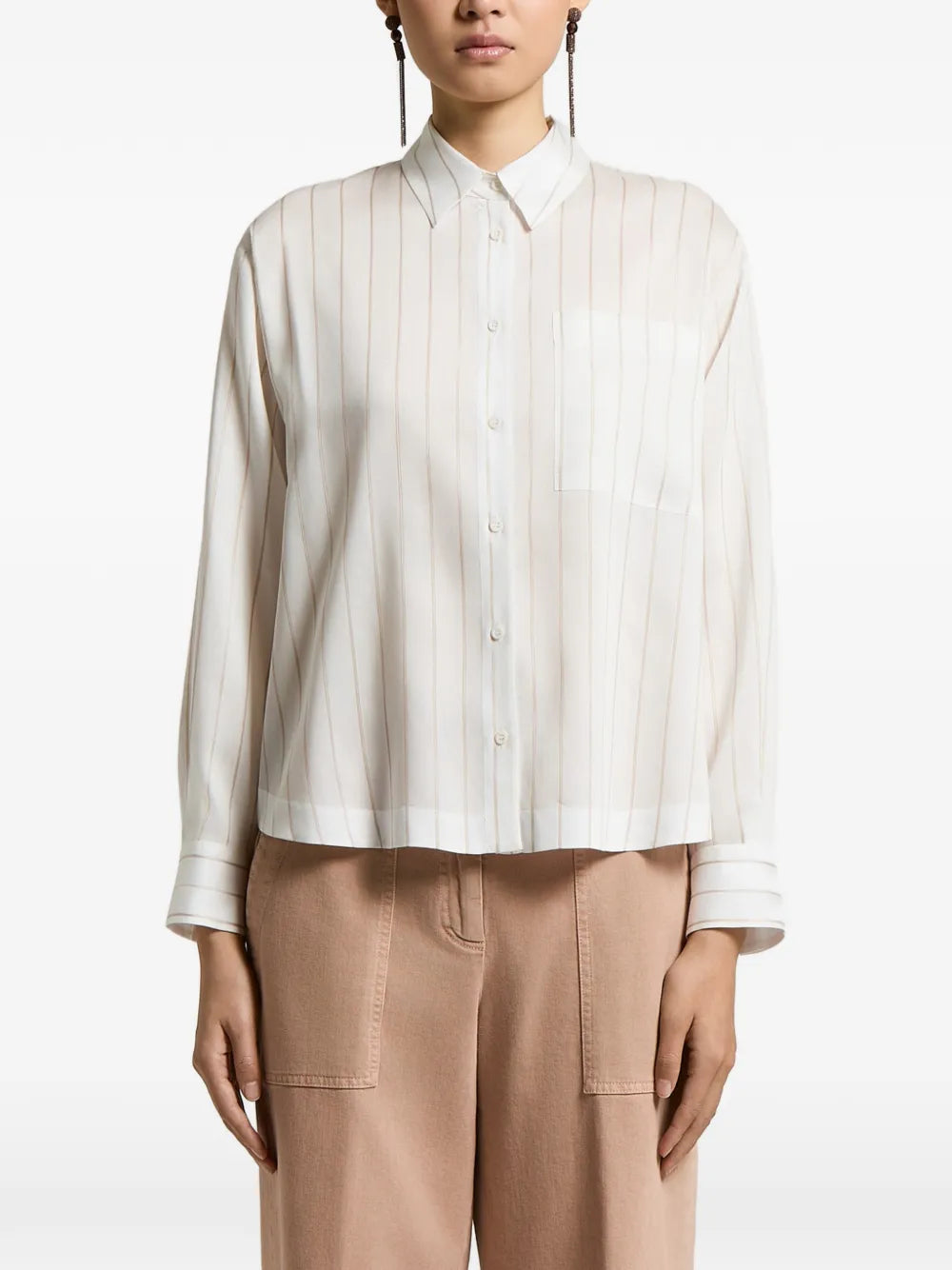 Peserico Vertical-Stripe Chest-Pocket Shirt — Beige