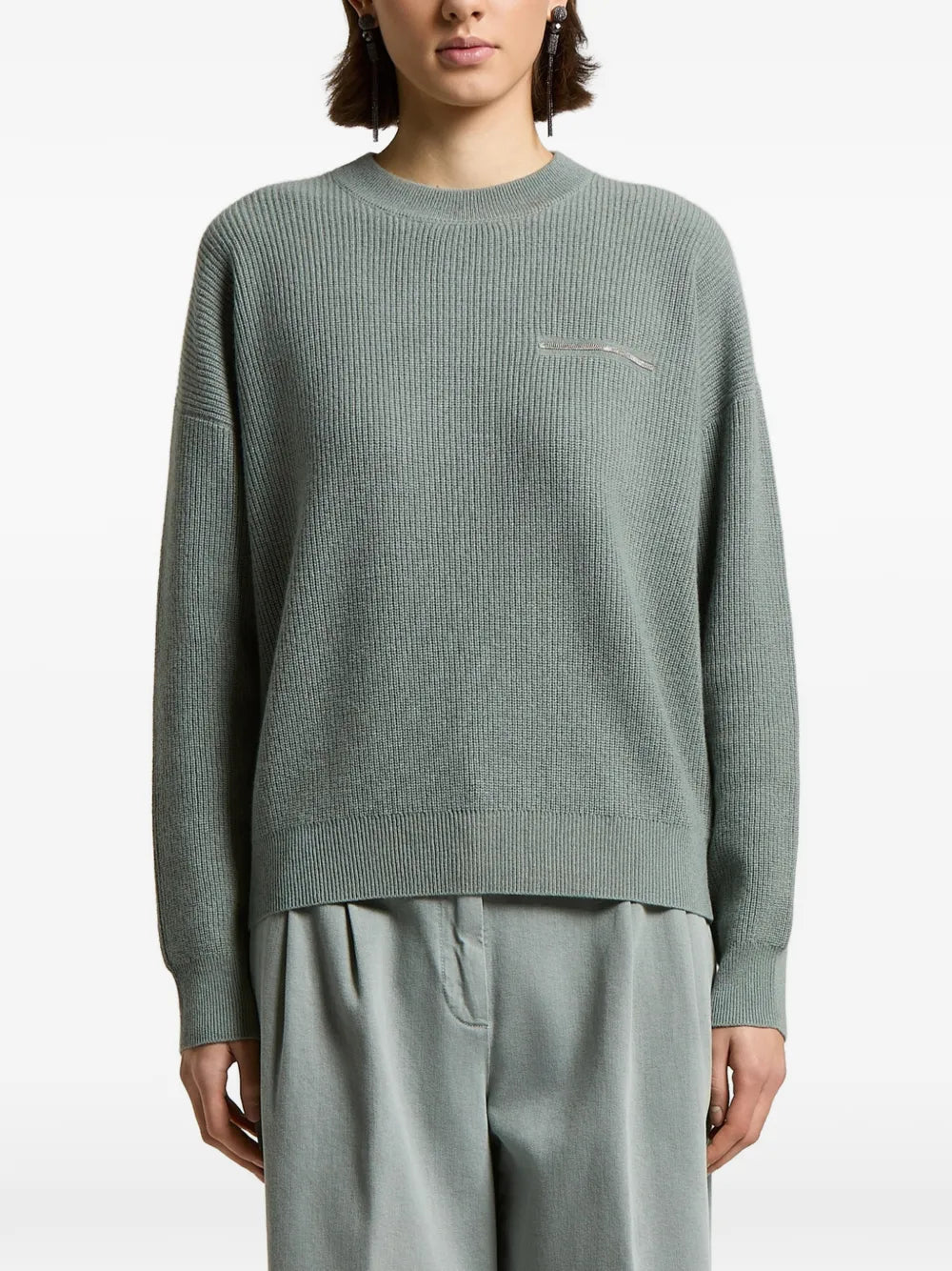 Peserico Ribbed-Knit Chain-Detail Sweater — Sage Green