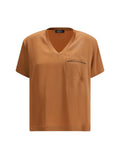 Fabiana Filippi V-Neck Viscose-Acetate Blend T-Shirt — Beige