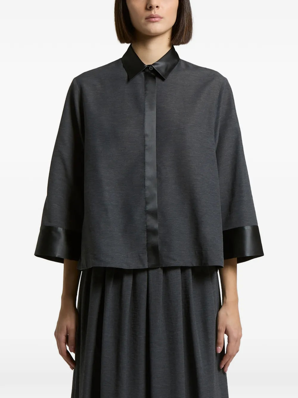 Peserico Satin-Trim Three-Quarter Sleeve Shirt — Charcoal