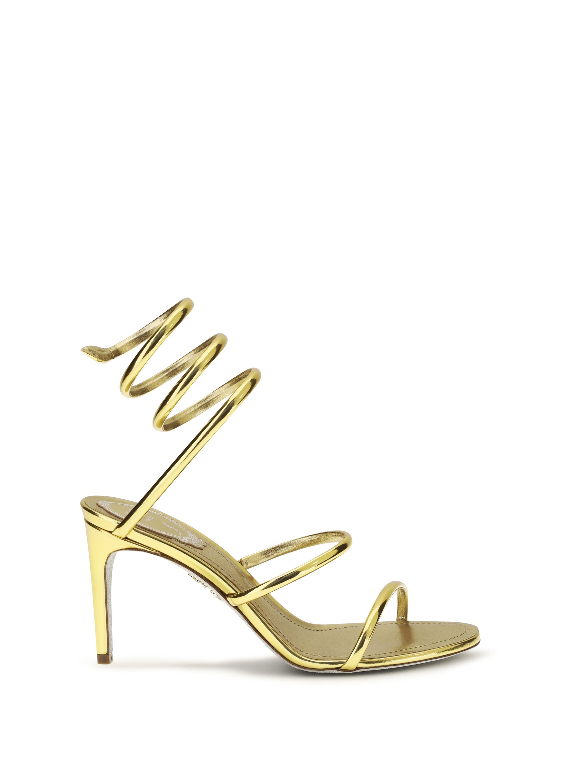 Rene Caovilla Snake-Wrapped Metallic Leather Heel Sandal — Gold