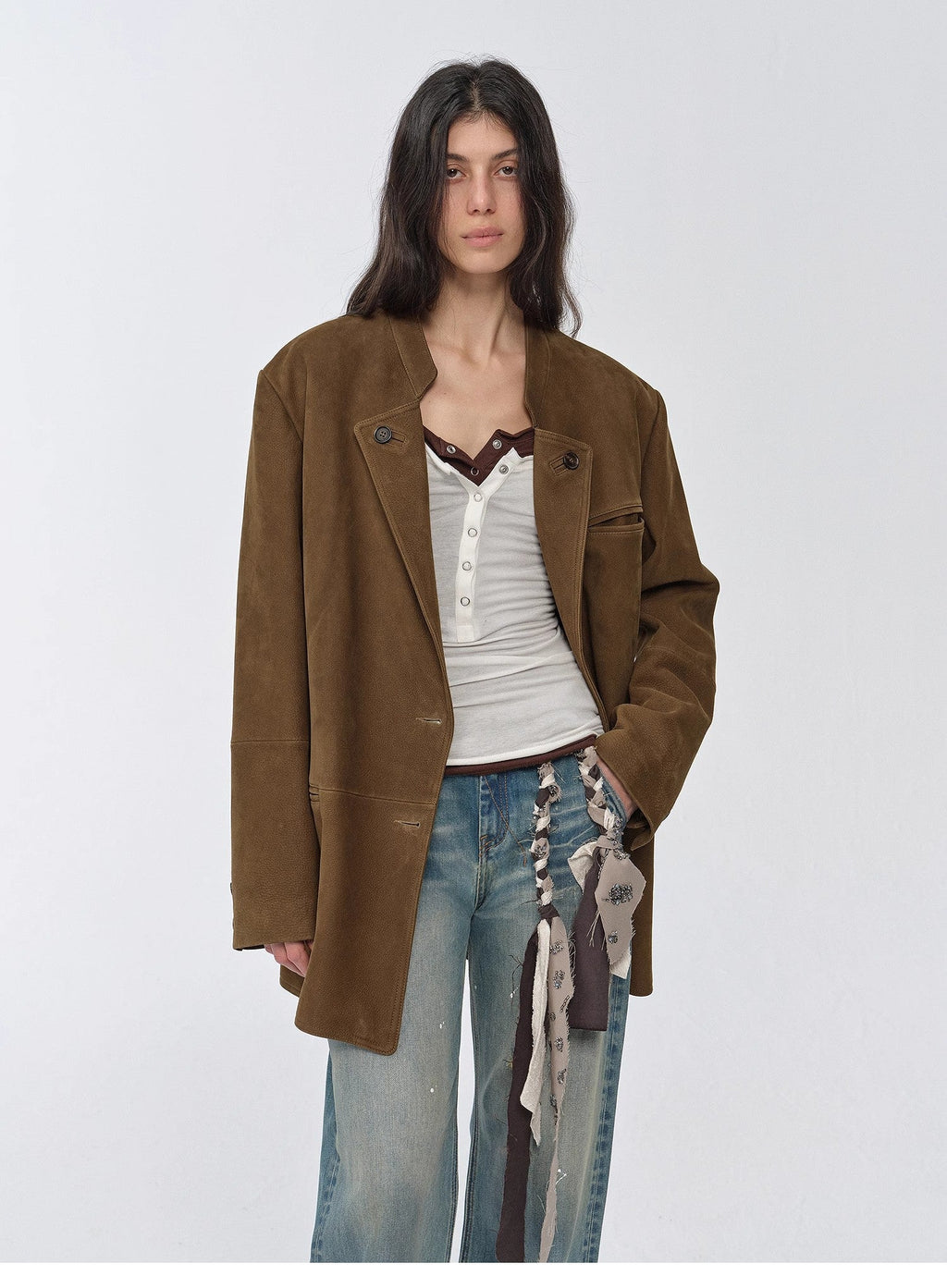 Bavaria vintage suede/waxy goatskin leather mid-length suit jacket