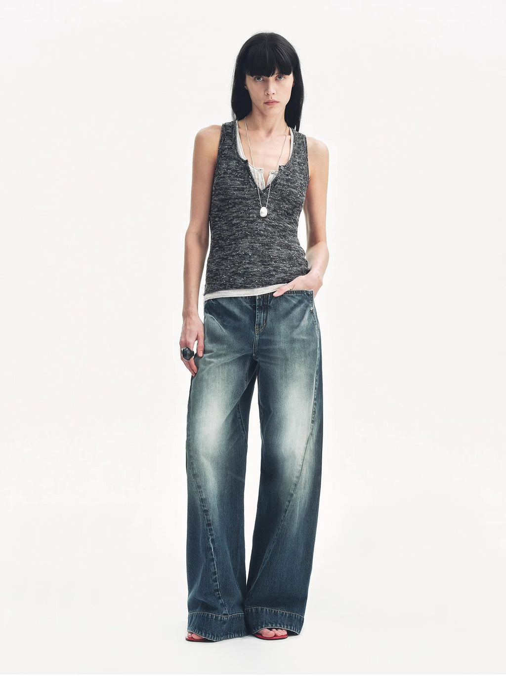 Summer Night Starry Sky Cotton and Linen Blended Henley Collar Beaded Vest Summer