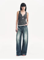 Summer Night Starry Sky Cotton and Linen Blended Henley Collar Beaded Vest Summer