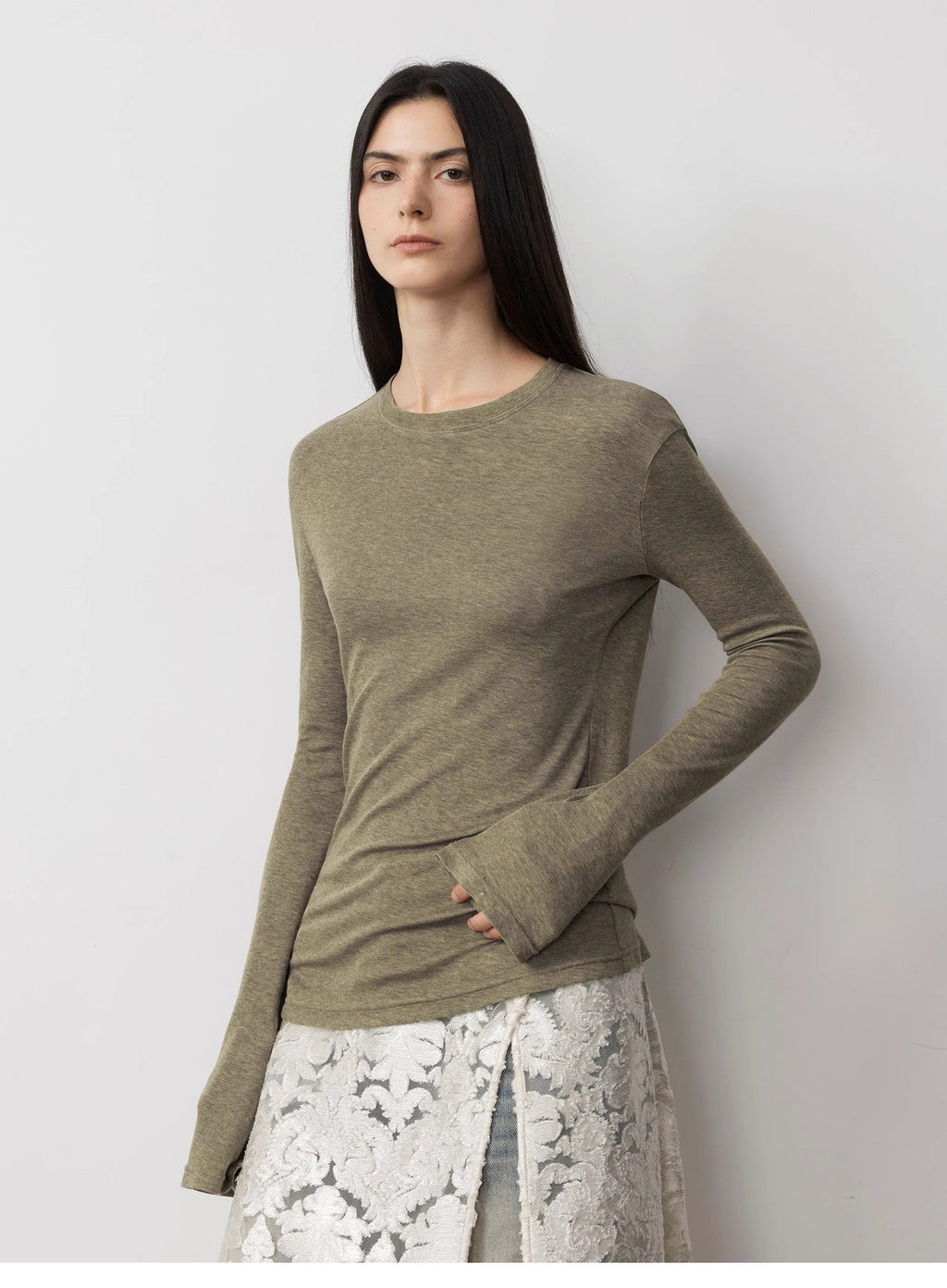 Lyocell wool stretch comfortable breathable fit minimalist solid color long-sleeved T-shirt