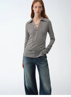 Eiffel light luxury silver silk knitted slightly transparent tie lapel slim drape long sleeve knitted top