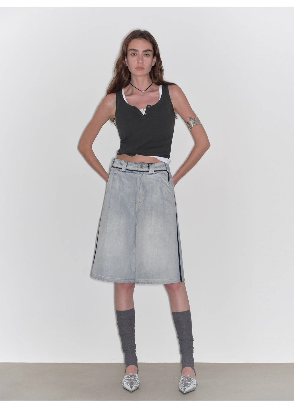 “Unruly Sonata” Neutral Style Loose Feeling Imported Washed Mid Rise Bumped Side Wide Leg Washed Denim Mid Pants