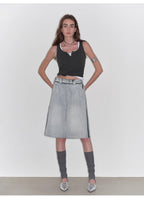 “Unruly Sonata” Neutral Style Loose Feeling Imported Washed Mid Rise Bumped Side Wide Leg Washed Denim Mid Pants