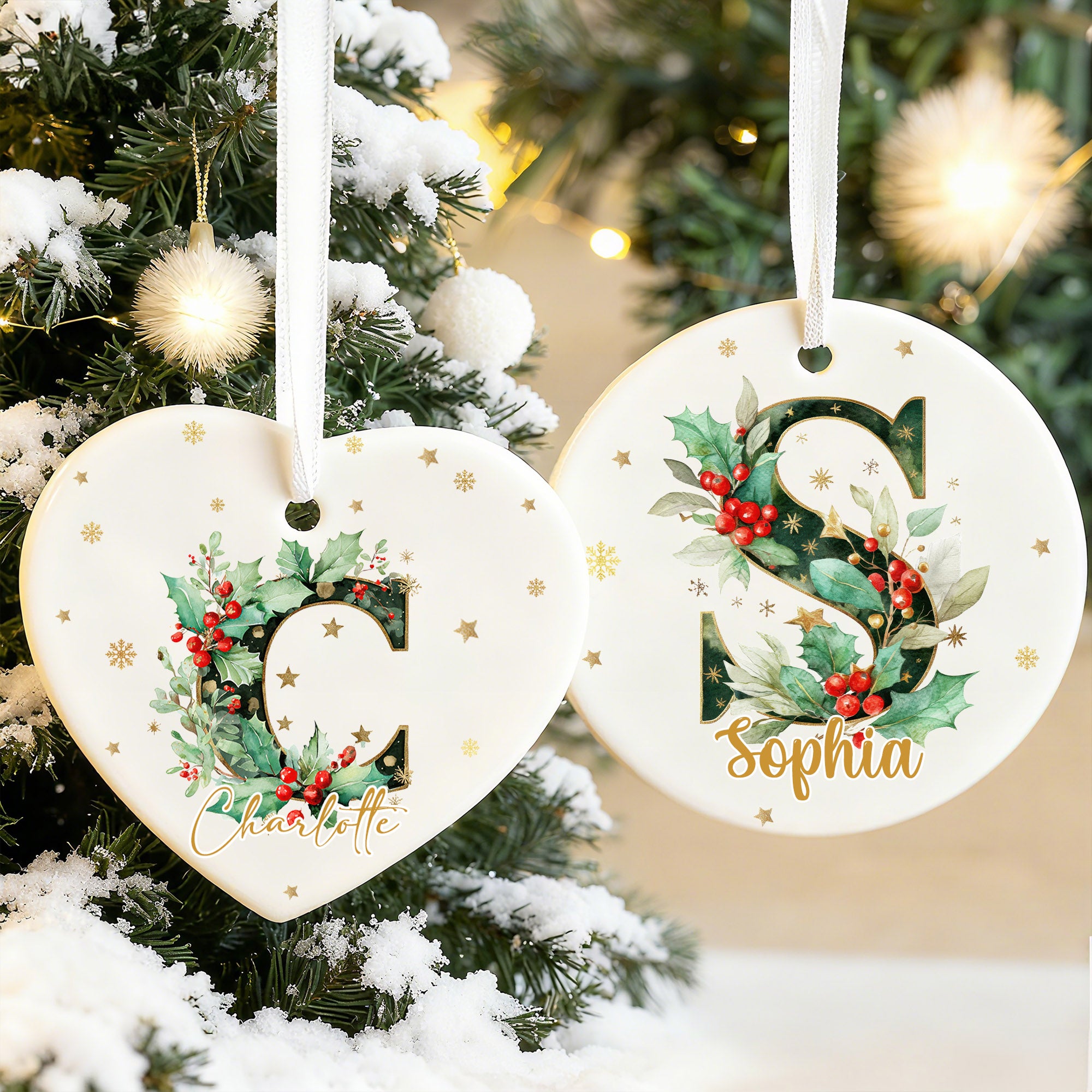 Personalizada Holly Inicial de cerámica ornamento de Navidad con el nombre de decoración del árbol del hogar regalo de Navidad para la familia amigo
