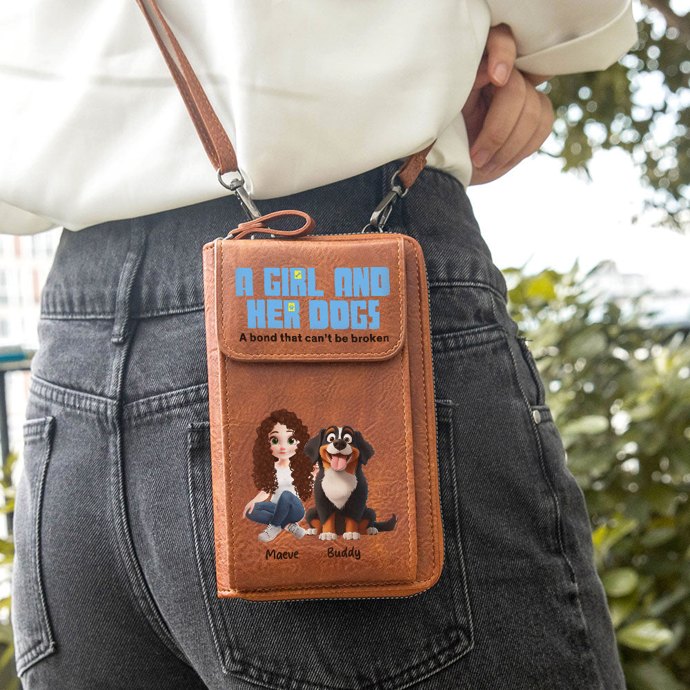 Personalizado Una Niña Y Sus Perros 3D Cartoon Design PU Bolsa de Cuero Crossbody Cartera con Nombre Accesorios de Viaje Regalo de Cumpleaños para los Amantes de las Mascotas
