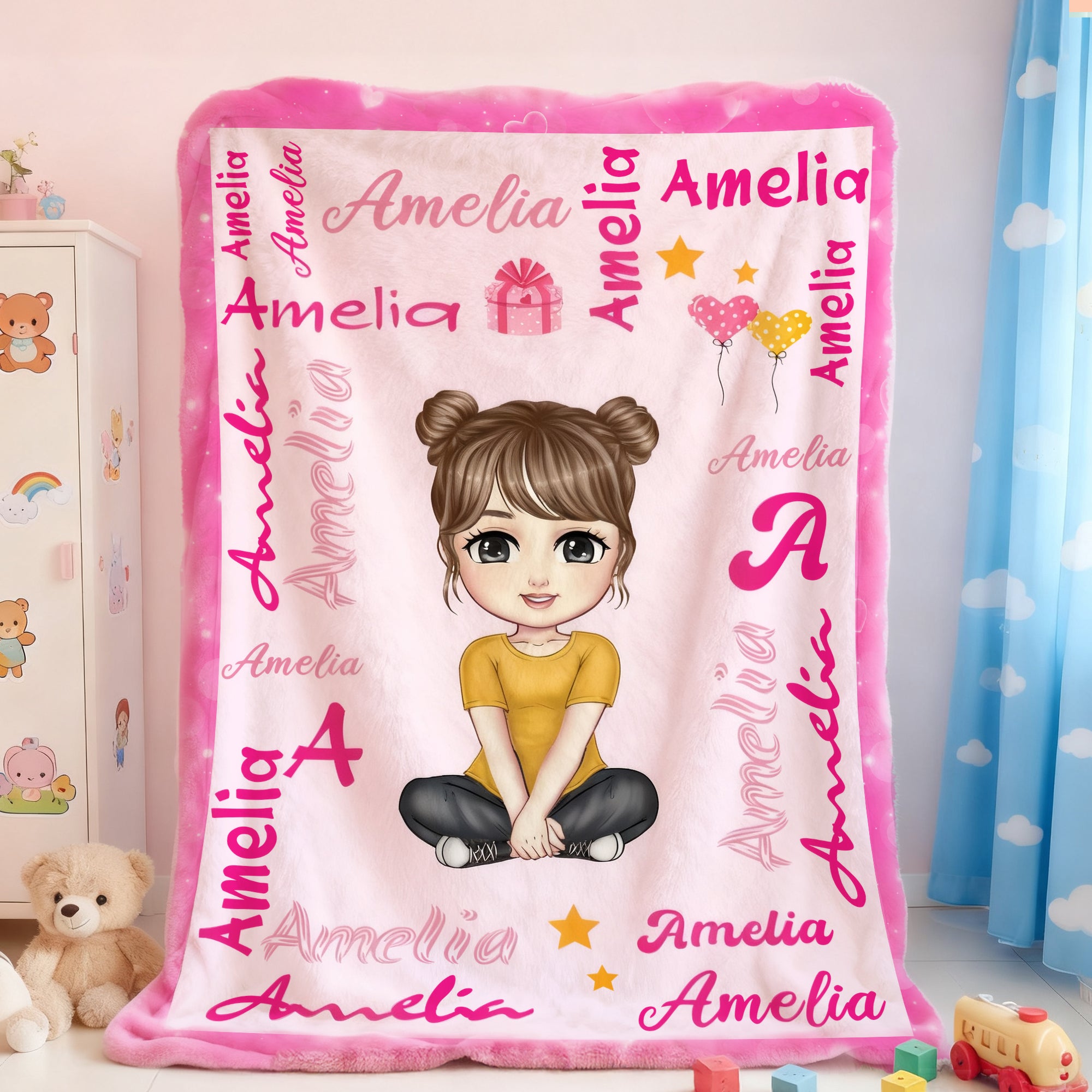 Manta personalizada multicolor de dibujos animados con nombres e iniciales Decoración del hogar Regalo de cumpleaños para niños