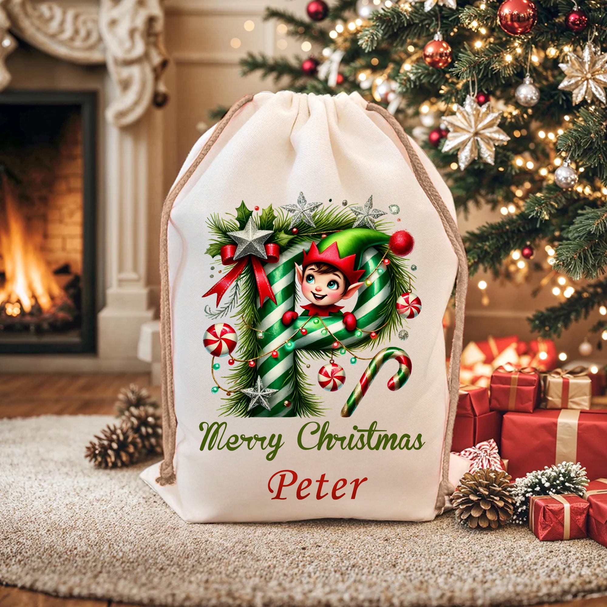 Personalizado Feliz Navidad Elfo lindo lienzo bolsa de regalo de cordón con el nombre y la inicial Primera Navidad Fiesta de Favores para Niños Familia
