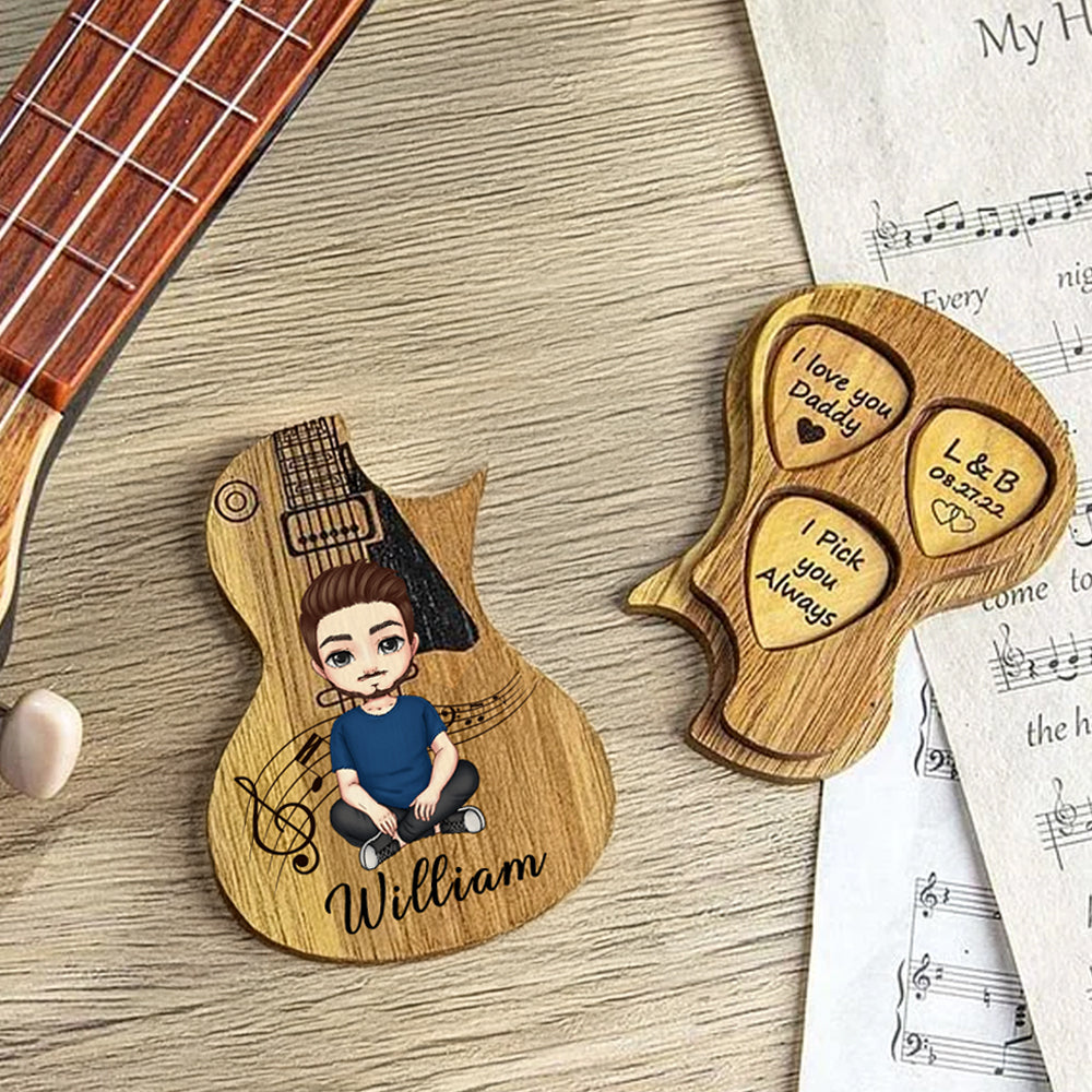 Caja de madera para guardar púas de guitarra personalizada con nombre y texto Regalo de cumpleaños para músico Guitarrista
