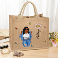 Personalizado de dibujos animados de moda Chica Nacimiento Flor Bolsa de yute grande con nombre de viaje Regalo de cumpleaños esencial para las mujeres