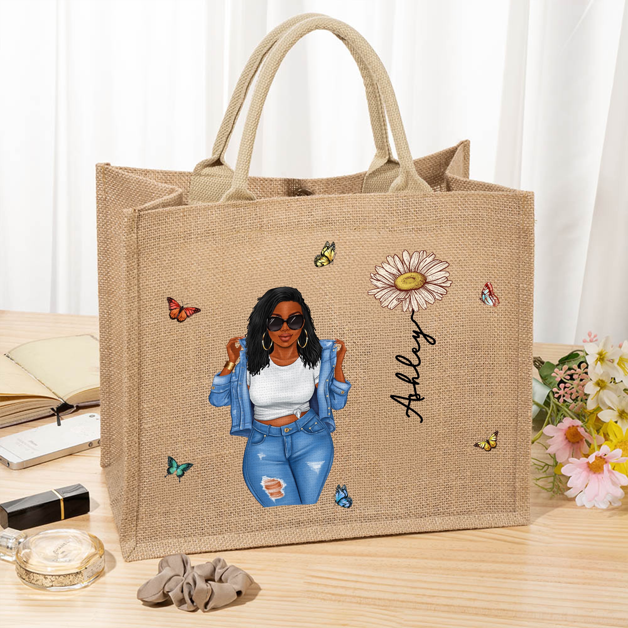 Personalizado de dibujos animados de moda Chica Nacimiento Flor Bolsa de yute grande con nombre de viaje Regalo de cumpleaños esencial para las mujeres