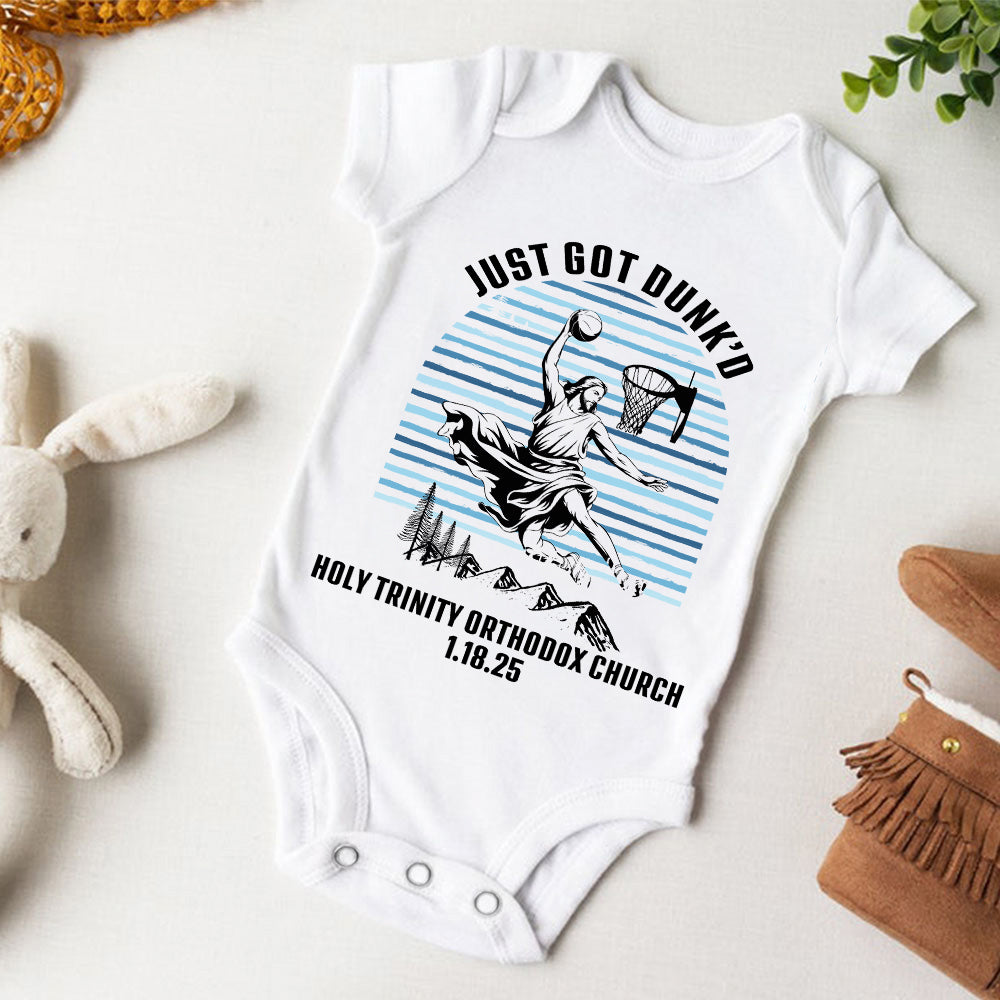 Personalizado Divertido Jesus Just Got Dunked 100% Algodón Body de Bebé con Nombre de Iglesia y Fecha de Bautizo Baby Shower Regalo para Bebé Recién Nacido