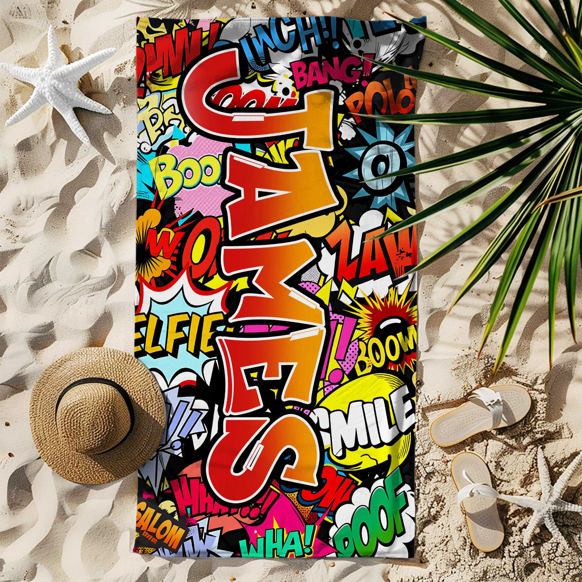 Toalla de playa personalizada de microfibra de secado rápido estilo garabato con nombre en degradado Vacaciones de verano Viajes Uso Cumpleaños Regalo para familia Amigo Niño