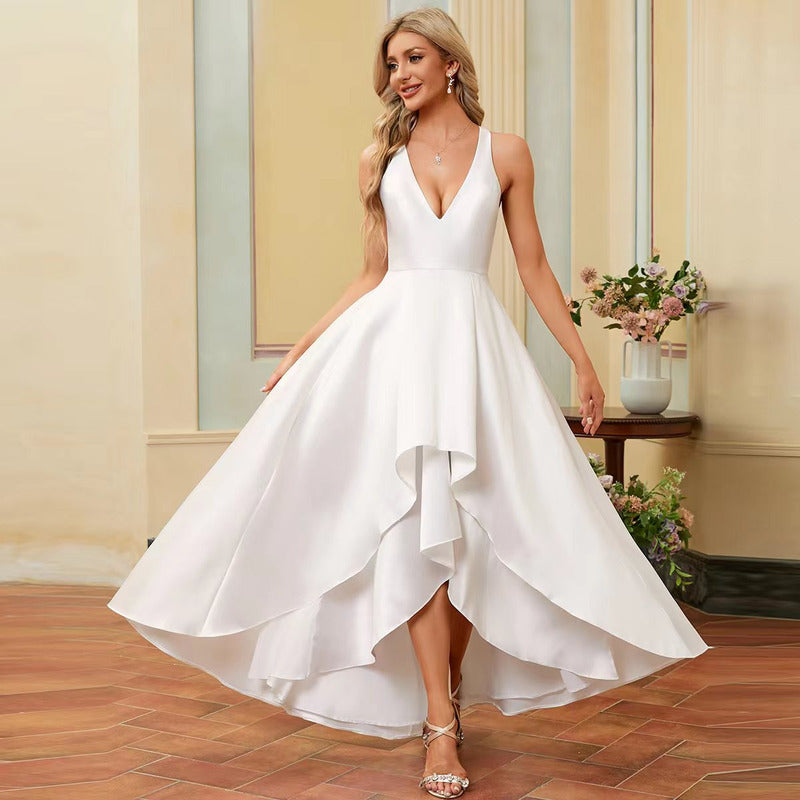 Bridal Wedding Dress Ivory Sleeveless Asymmetrical V-Neck A-line Satin