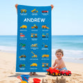 Toalla de playa multicolor de secado rápido personalizada con texto para niños, niñas y amantes de los camiones.