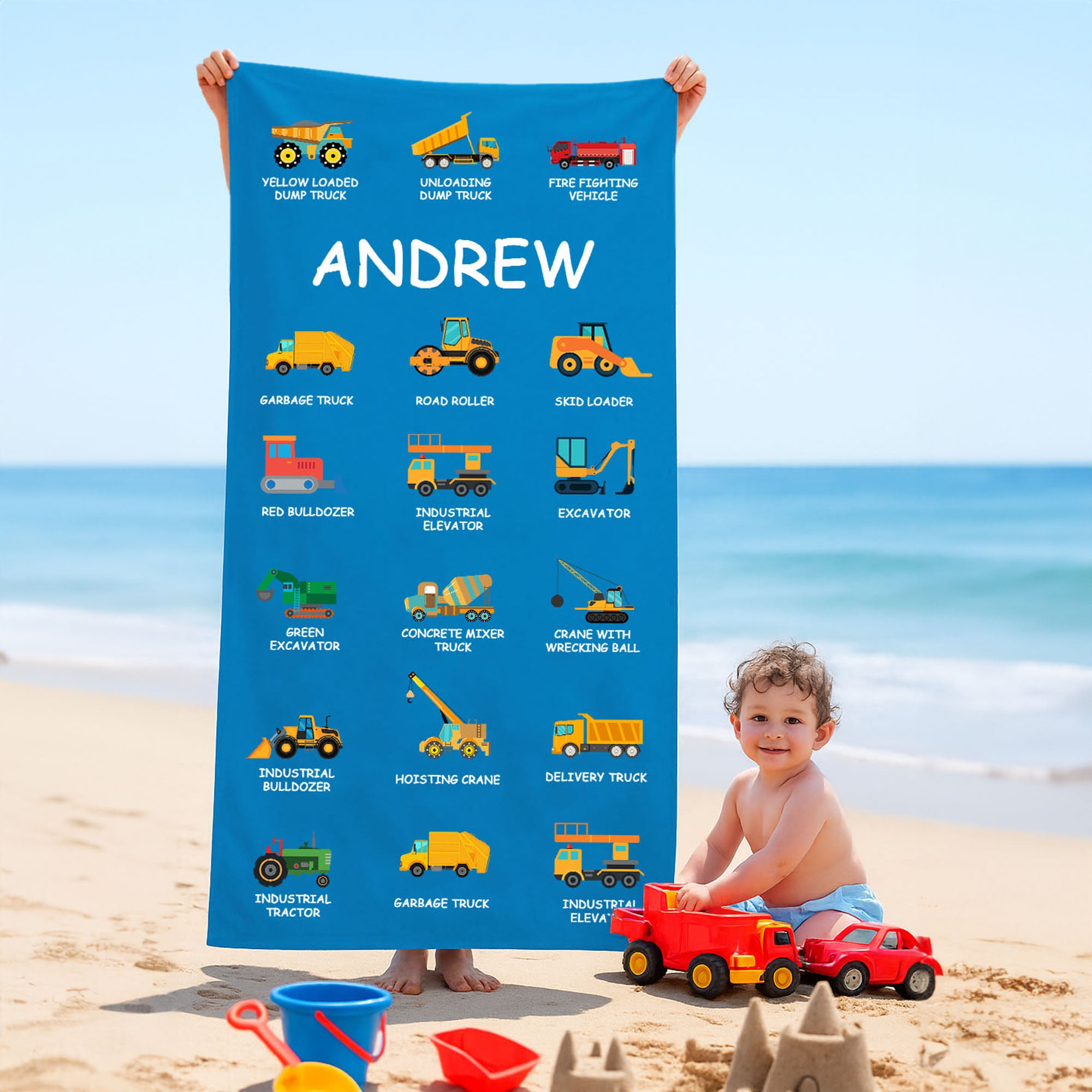 Toalla de playa multicolor de secado rápido personalizada con texto para niños, niñas y amantes de los camiones.