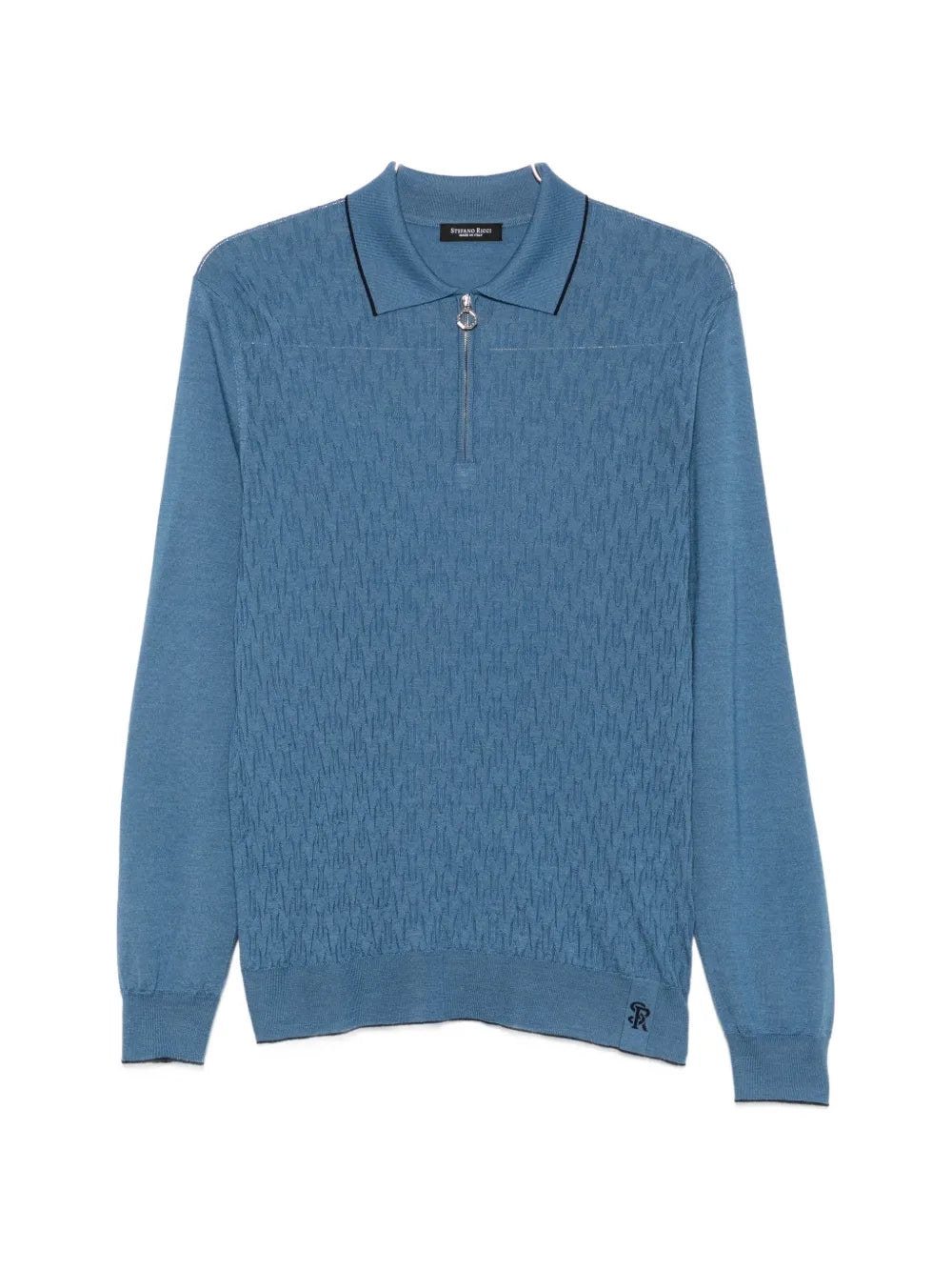 Stefano Ricci Geometric-Pattern Zip-Fastening Polo Shirt — Teal Blue