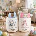 Cesta de Pascua con iniciales de conejito floral personalizada con texto Año y nombre Fiesta de caza del huevo Regalo de Pascua para niños