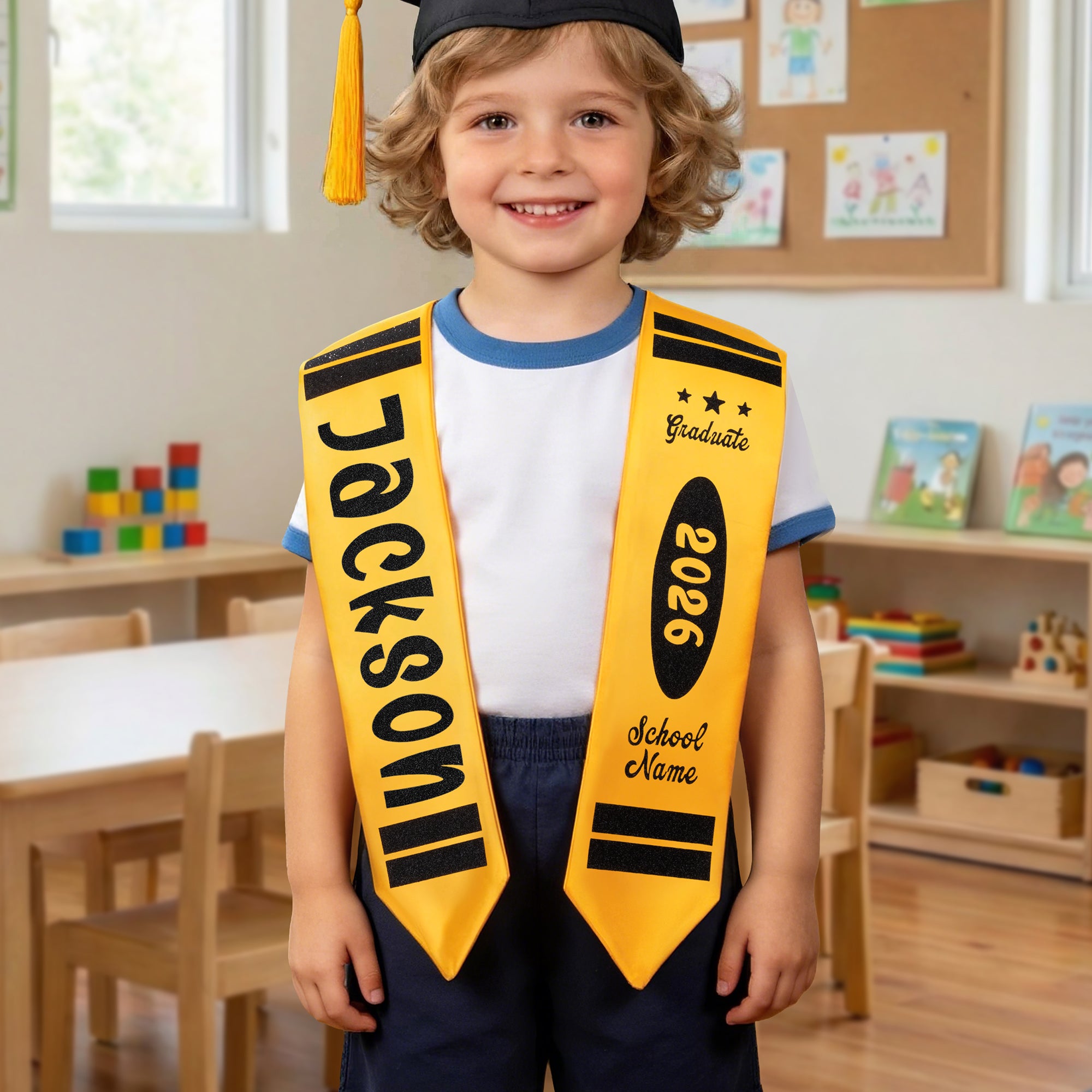 Estola de Graduación Personalizada con Nombre y Año de Graduación para Niños en Edad Preescolar y Jardín de Infancia