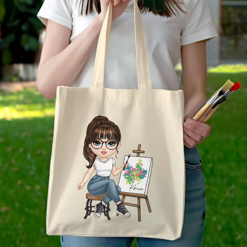Personalizado Lindo Dibujo Animado Pintura Chica Bolsa de Lona Reutilizable con Nombre Accesorios de Viaje Cumpleaños Aniversario Regalo para Artistas Pintores Amigos
