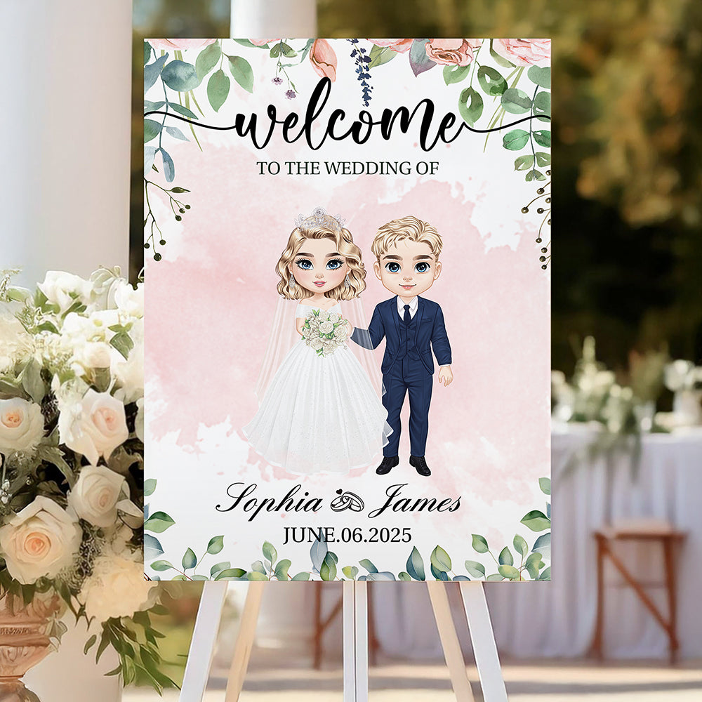 Novios de dibujos animados personalizados Cartel de bienvenida a la boda con nombres y fecha Regalo de boda para recién casados Parejas