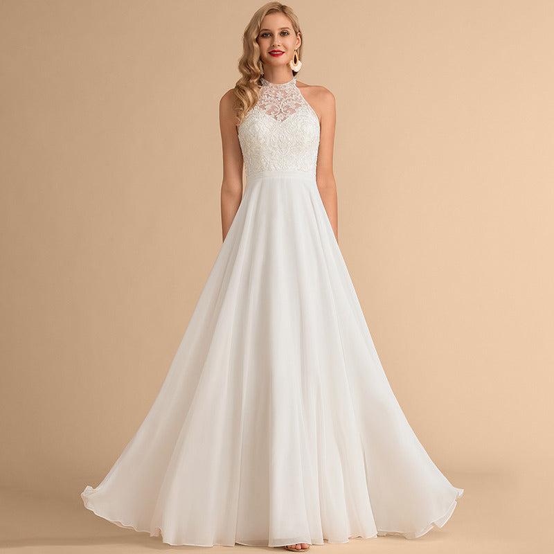 Bridal Wedding Dress Ivory Sleeveless Long High Neck A-line
