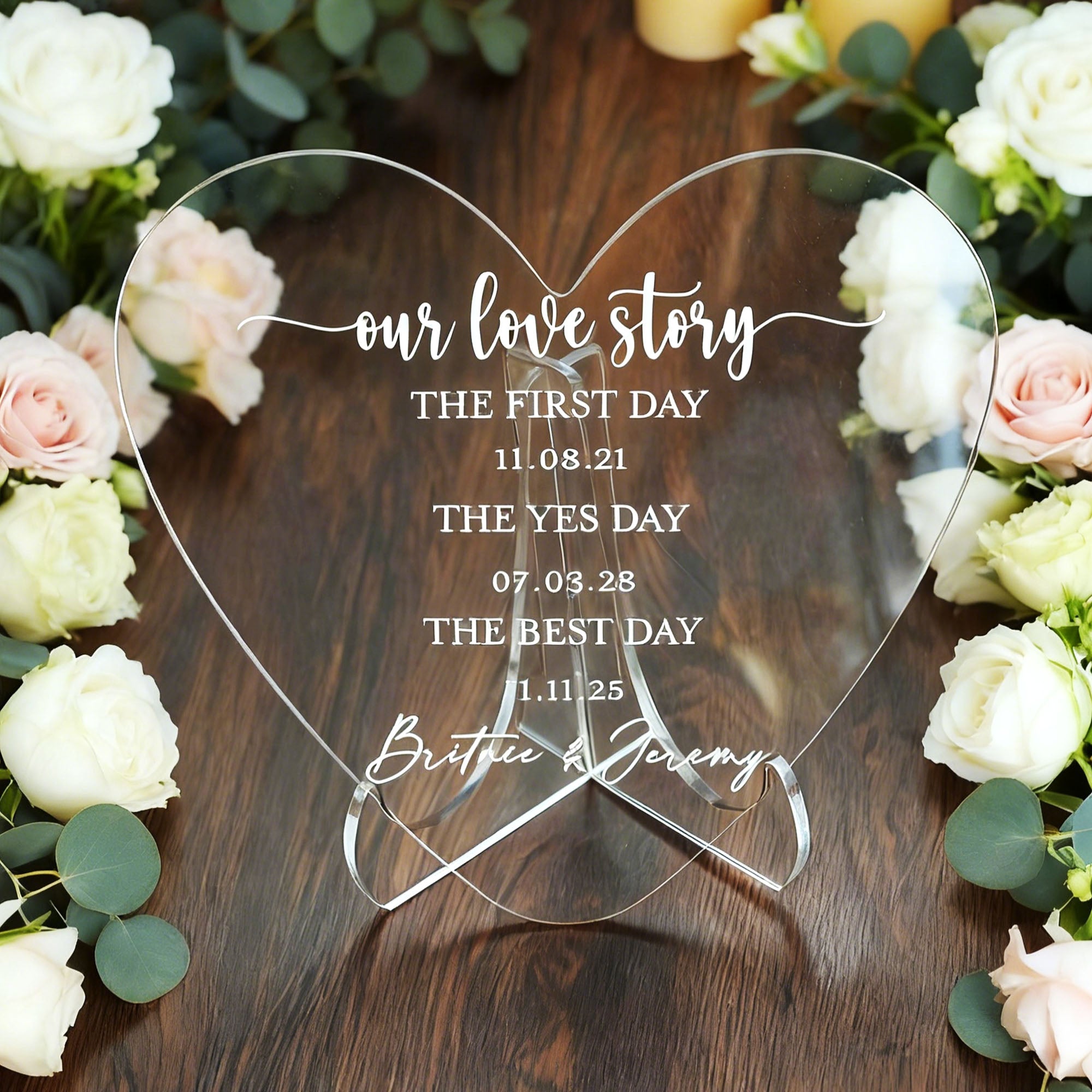 Personalizado en forma de corazón Nuestra historia de amor acrílico signo de la boda con el nombre y la fecha de boda Aniversario de compromiso de regalo para la pareja