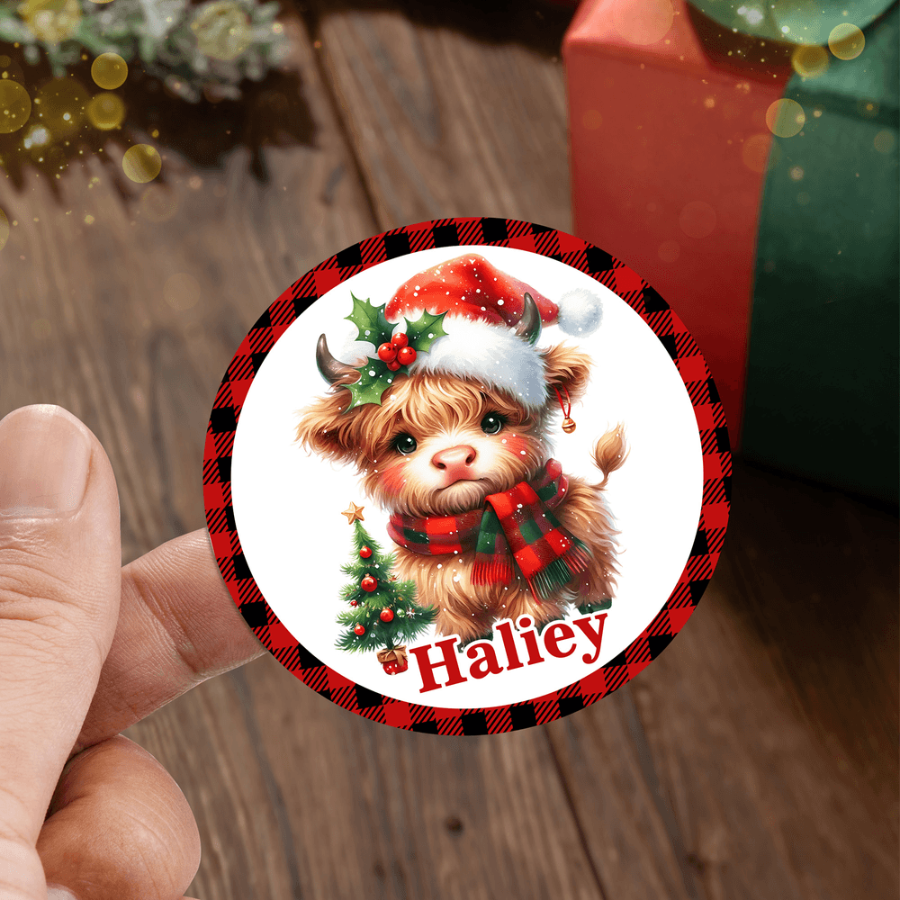 Personalizado lindo Highland Vaca Juego de 2 Pegatinas impermeables con nombre de Navidad Fiesta de Favores para Niños Familia Amigos