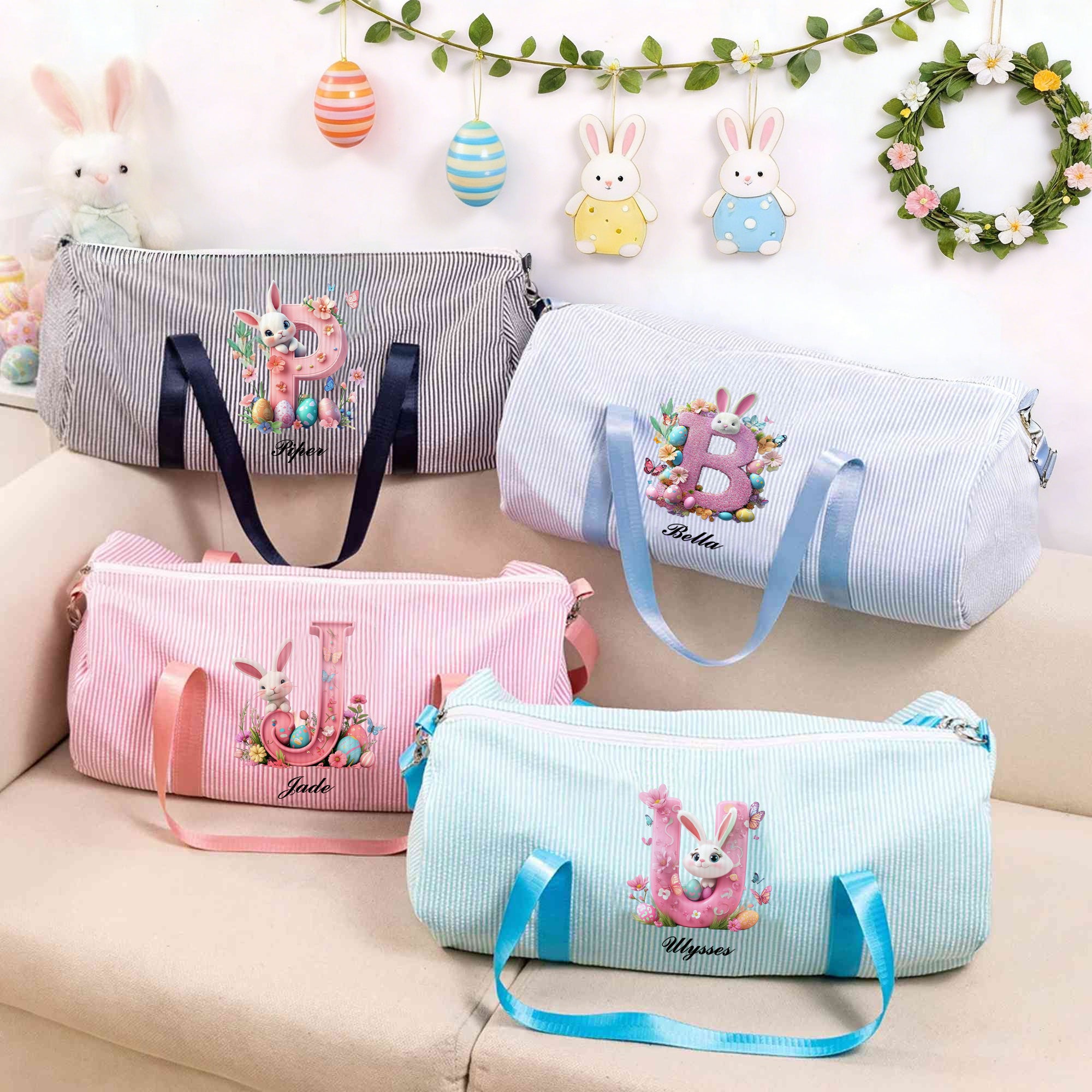 Conejito rosa personalizado Huevo de Pascua inicial Lienzo a rayas Bolsa de viaje de gran capacidad con nombre y bandolera Regalo de cumpleaños de Pascua para niños
