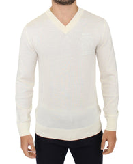 Men's Wool Blend V-Neck Sweater White Acrylic Clothing