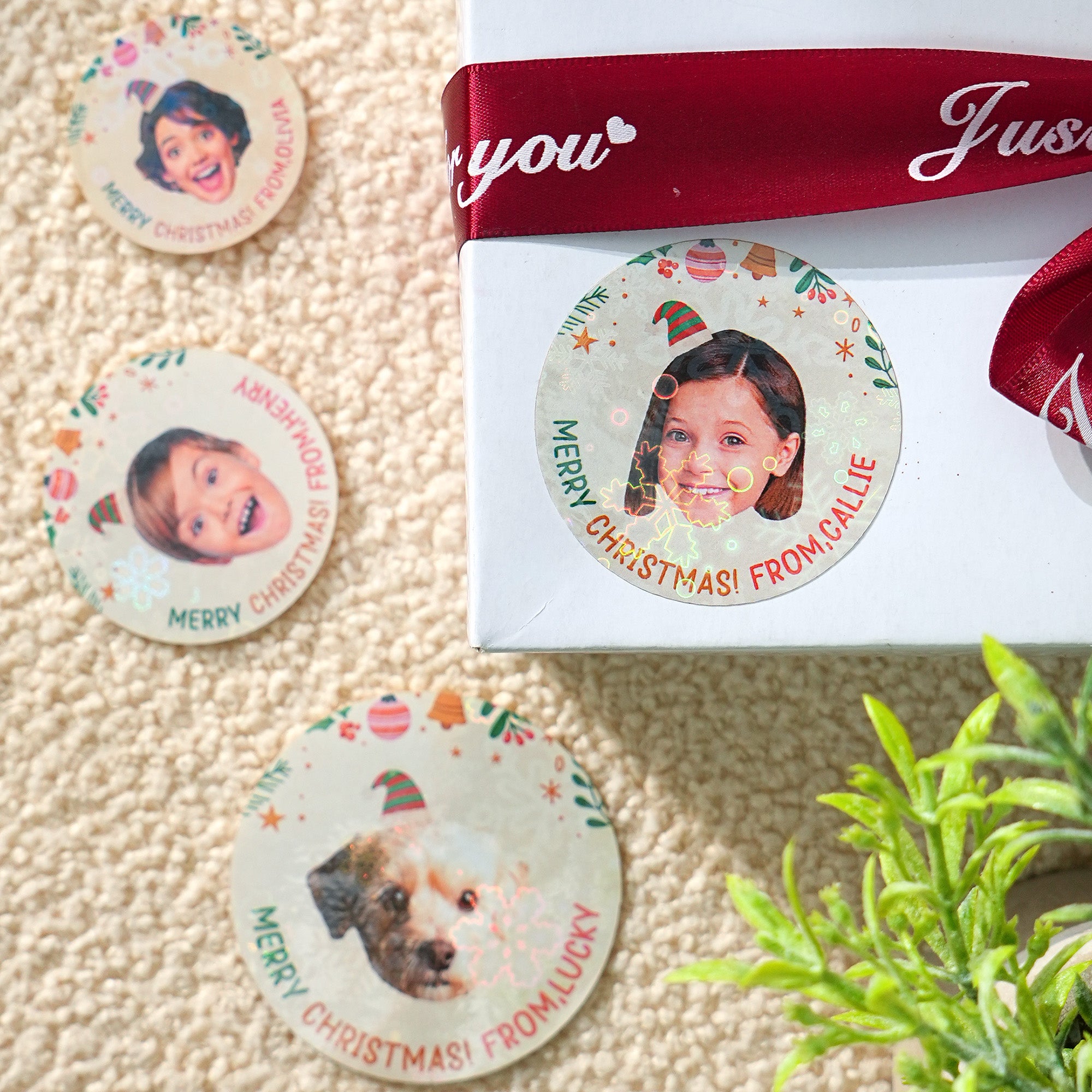 Sombrero de Santa Personalizado Cara Foto Impermeable Glitter Confeti Pegatinas con Nombre Regalo Decoración Fiesta de Navidad Favor para la Familia Amigos