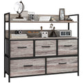 Bedroom Chest of Drawers, Fabric Dresser with 5 Drawers & Open Shelf , Grey Wood Effect