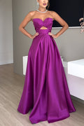 Strapless Lace-up High Slit Satin Maxi Party Dress